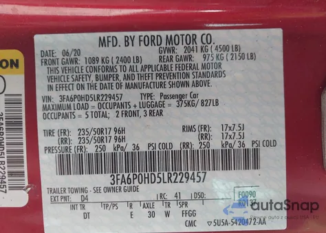2020 Ford Fusion Se from USA, damaged, VIN 3FA6P0HD5LR229457